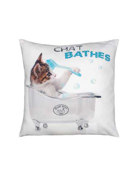 Almofada branca com desenho de gato na banheira