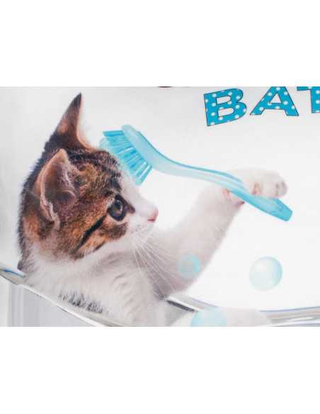 Cojín blanco con dibujo de gato en una bañera