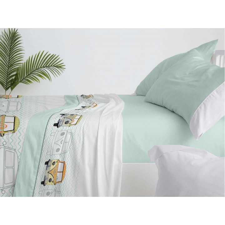Conjunto de lençóis infantis Mint Bus | Folhas de Burrito Branco