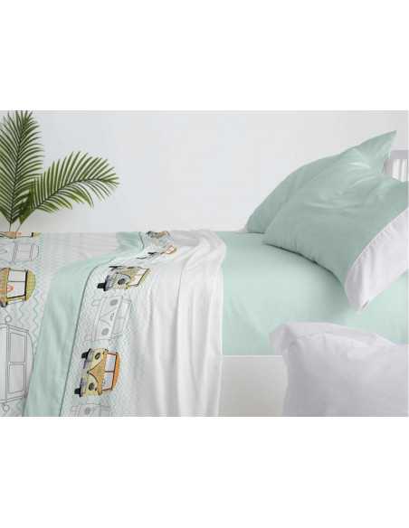 Conjunto de lençóis infantis Mint Bus | Folhas de Burrito Branco
