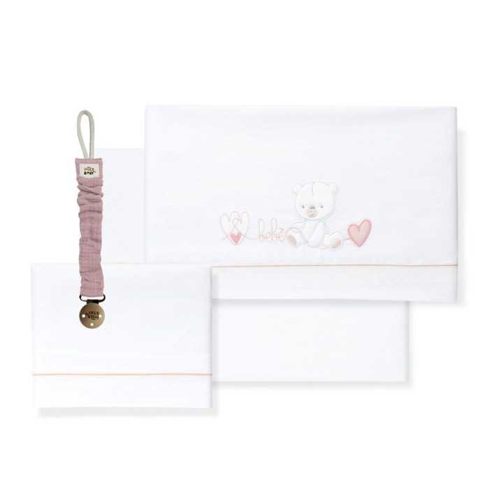 Conjunto de berço 3 peças Urso bebé rosa | Presente de chupeta