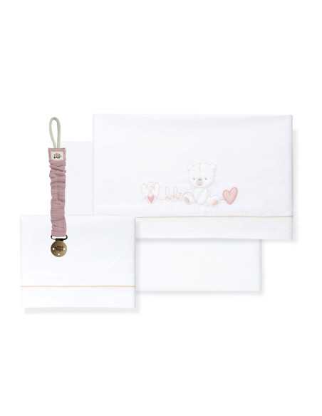 Conjunto de berço 3 peças Urso bebé rosa | Presente de chupeta