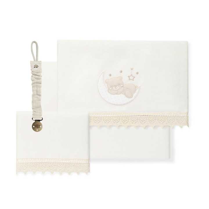 Juego de cuna 3 piezas Oso Luna beige | Chupetero regalo