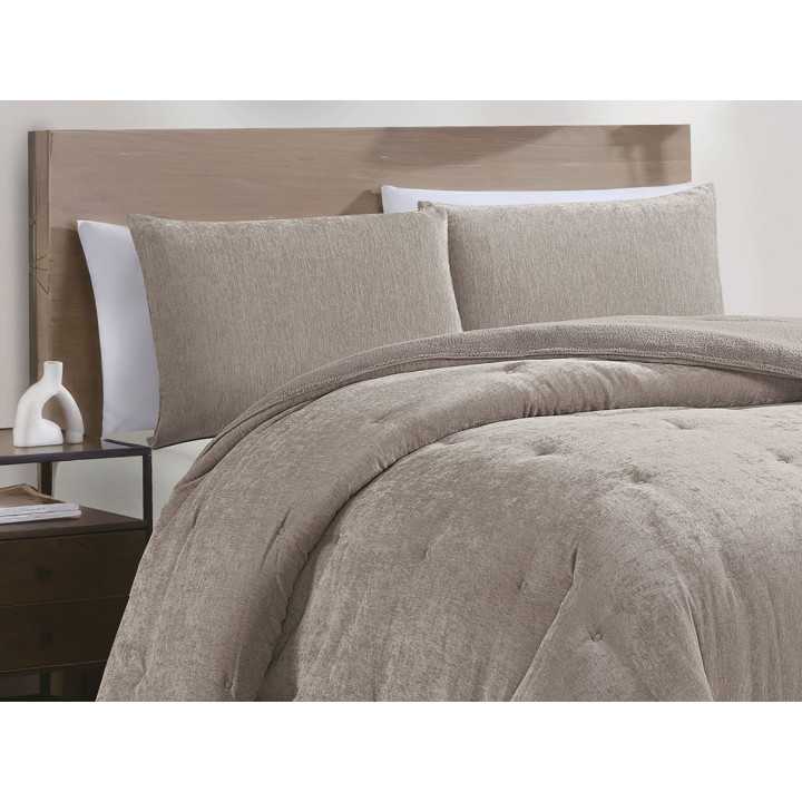 Edredão de sherpa e chenille Alpes vison | Edredão de inverno