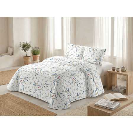 Colcha Bouti Taboca Hojas Azul | Ligera Estampada Blanca