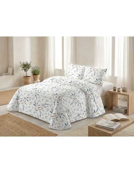 Colcha Bouti Taboca Hojas Azul | Ligera Estampada Blanca