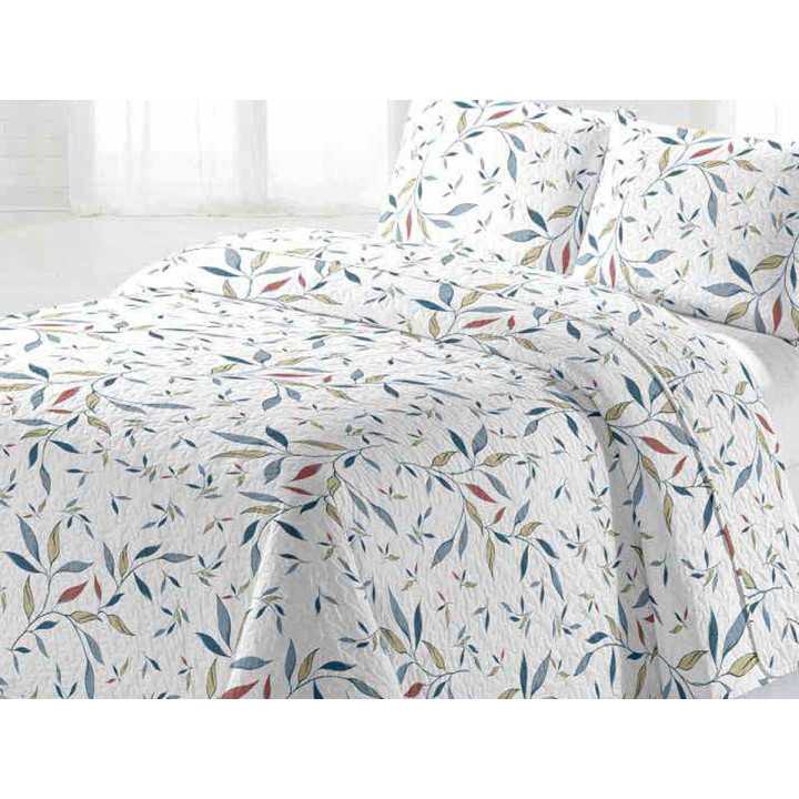 Colcha Bouti Taboca Hojas Azul | Ligera Estampada Blanca